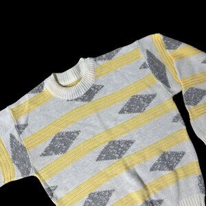 Vintage 1980s Womens Sweater Yellow Gray White Geometric USA Acrylic Size Large?